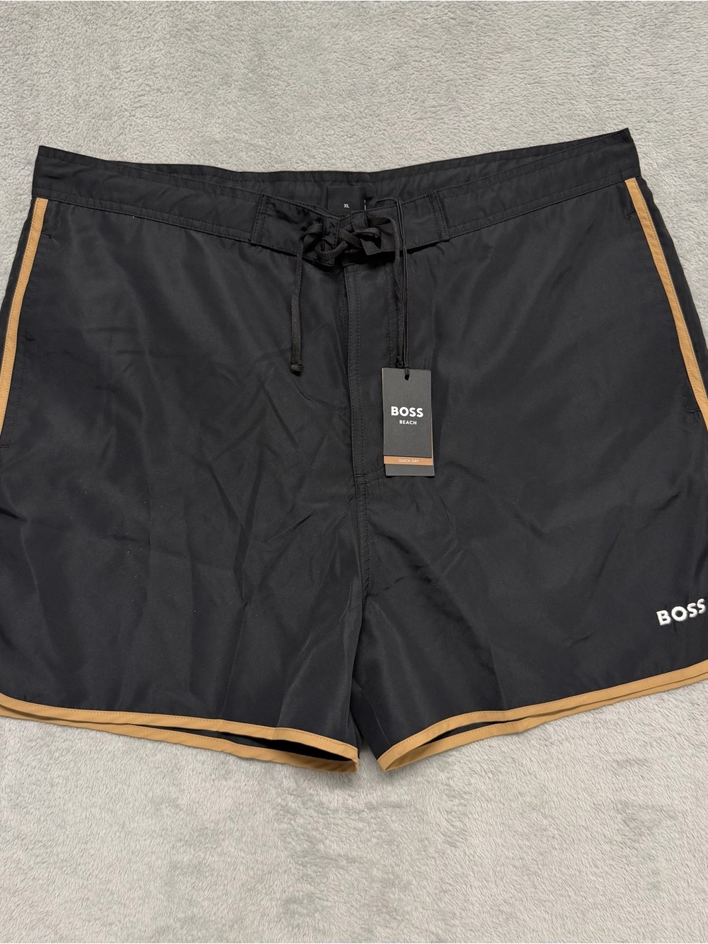 NEW BOSS Hugo Boss Luna Swim Trunks Mens XL Black Gold Trim Quick Dry